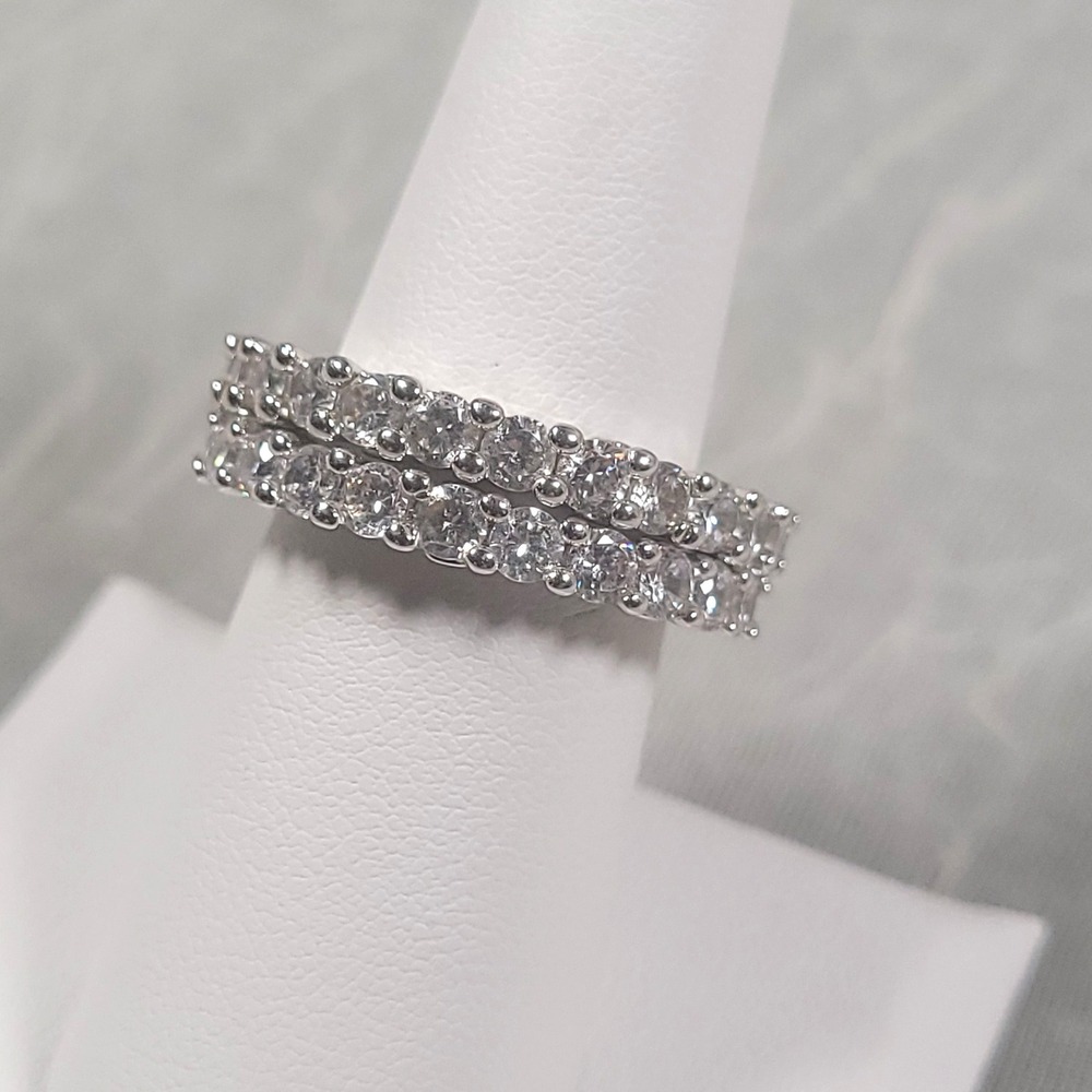 2 Eternity Stacking Rings Size 7.25 Silver Tone Glass Round Prong Set